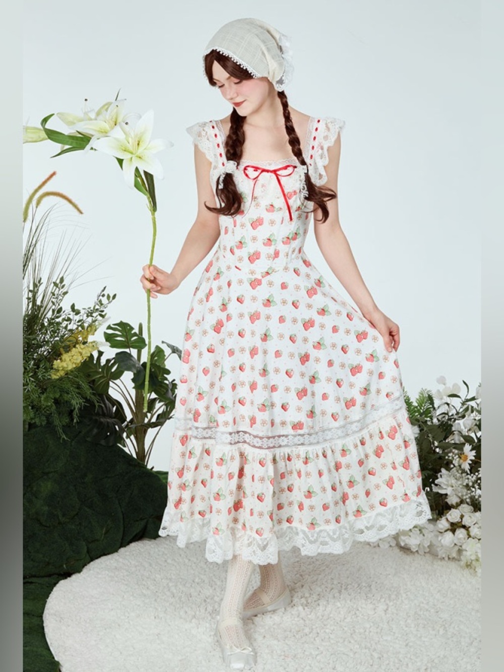 Officially licensed Strawberry Shortcake x Micotaku Lace-Trim Midi Dress